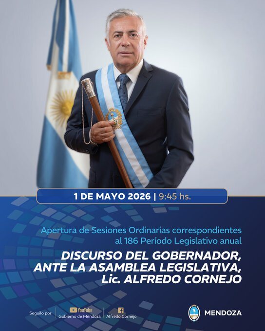 El Gobernador Alfredo Cornejo brindará su discurso ante la asamblea legislativa este 1° de mayo